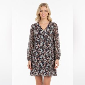 CeCe Black Floral V-Neck Long Sleeve Dress
